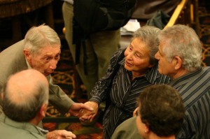 World War II infantry veteran Carrol Walsh, top,meets Holocaust survivors at a reunion in New York State, on Tuesday, Sept. 22, 2009. Walsh’s unit liberated a Nazi train carrying 2,500 Jewish prisoners, some pictured here, from the Bergen-Belsen concentration camp in Germany during the war’s waning days.The reunion came about because of efforts of high school history teacher Matthew Rozell. 
