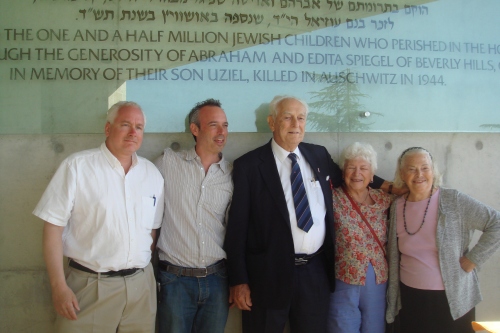 Matt Rozell, survivor Bruria's son, Frank Towers, two survivors Bruria Falik (of Woodstock, NY) and her sister at Israel's Holocaust memorial in Jerusalem, Yad Vashem. 