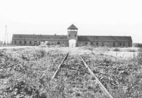 Main entrance to the Auschwitz-Birkenau extermination camp. USHMM