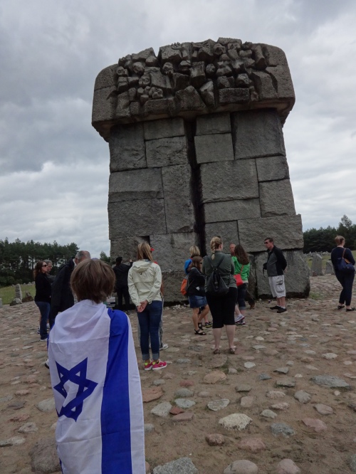 The Soviet memorial at the site of the gas chambers. Kaddish is said. Treblinka II.