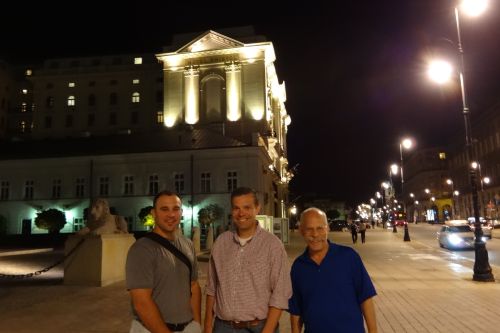 Tim, Scott, Alan. Warsaw. In front of our hotel, the Bristol.